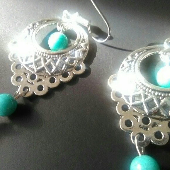 New Shiny Silver Fashion Drop Turquoise Earrings - Picture 2 of 5